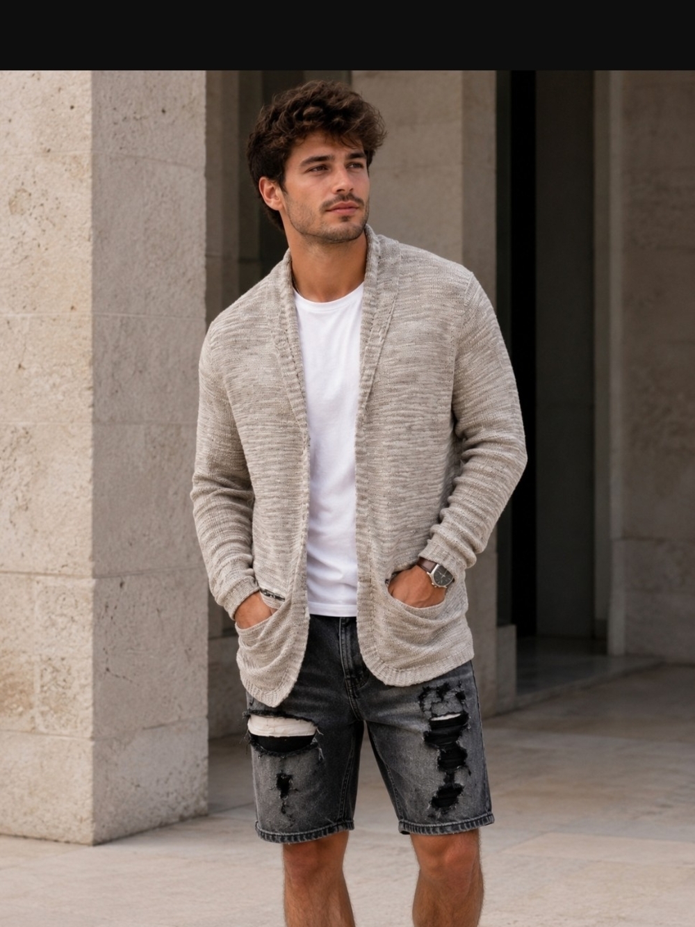 John Varvatos Collection Hook And Bar Shawl Collar Cardigan - Light Taupe